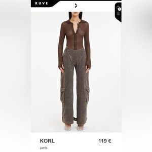 Ruve KORL modern cargo pants, overdyed wash denim, multi pockets, & knee patch